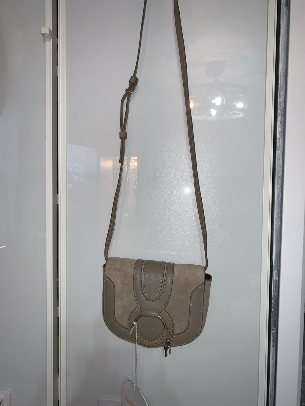 Taupe Crossbody Saddle Bag with Gold Ring Accent - Picture 5 of 12